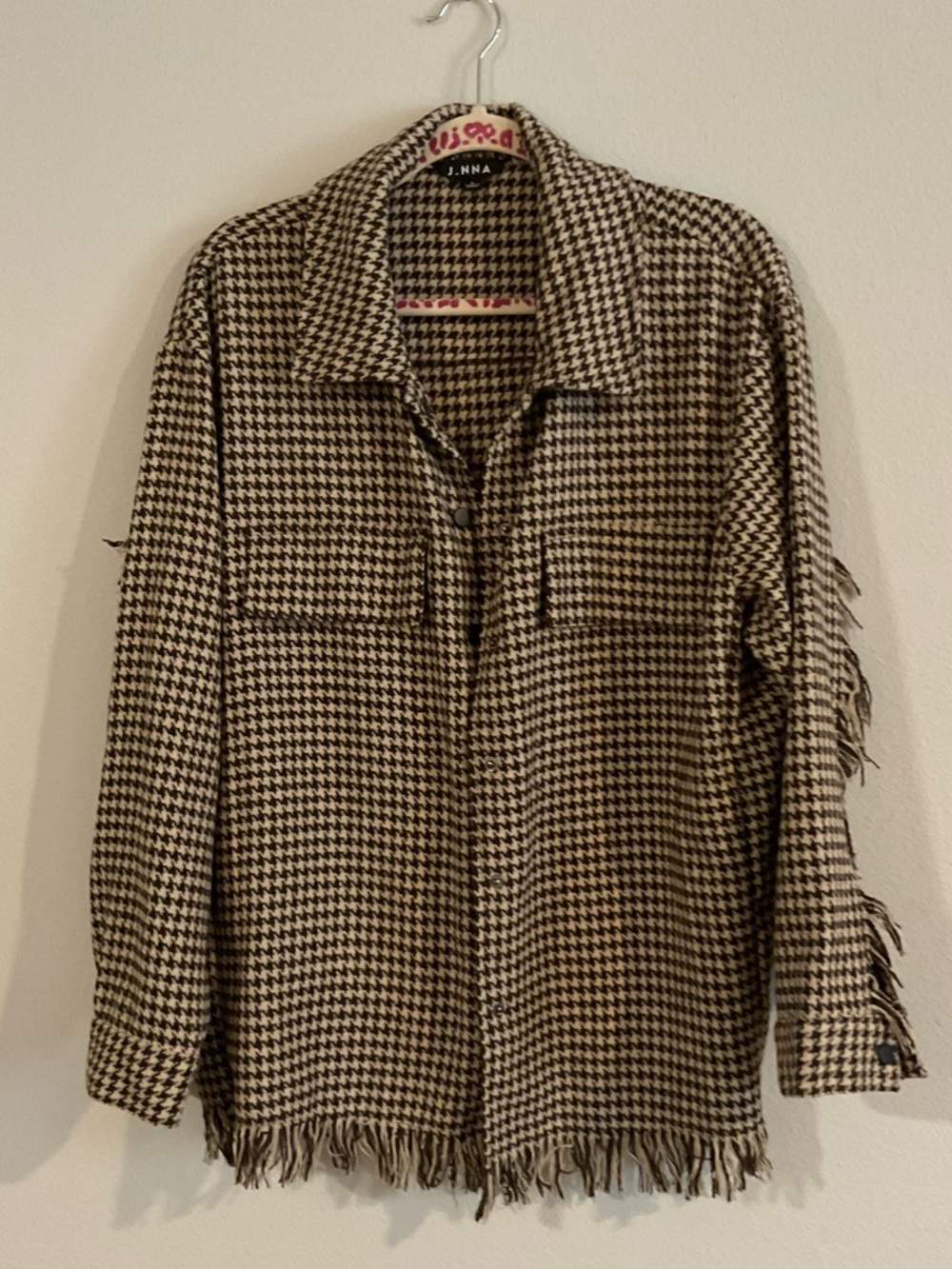 J.NNA Houndstooth Fringe Button-Up Shirt Jacket - Brown & Cream/Tan